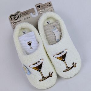 Espresso Martini Slipper Embroider Sherpa  Memory Foam Slip On Ivory M (7/8) NWT